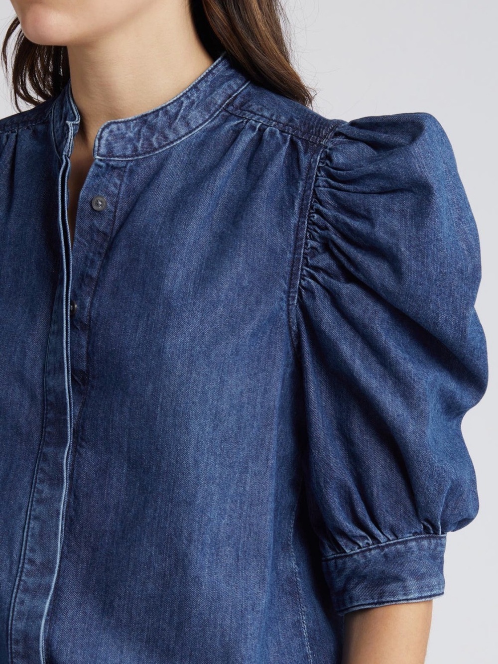 FRAME Gillian Puff Sleeve Denim Shirt Top S/P Blue Button Front - Picture 4 of 10